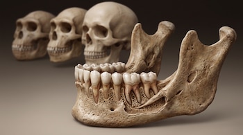 Mandíbula fósil con dientes y raíces expuestas en primer plano; tres cráneos de homínidos en diferentes etapas evolutivas, borrosos al fondo.