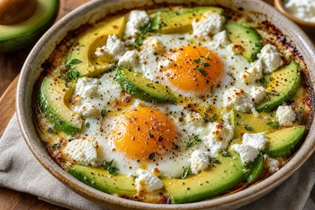 Fuente redonda con dos huevos al horno, rebanadas de aguacate, queso de cabra desmenuzado y pimienta molida sobre una mesa.