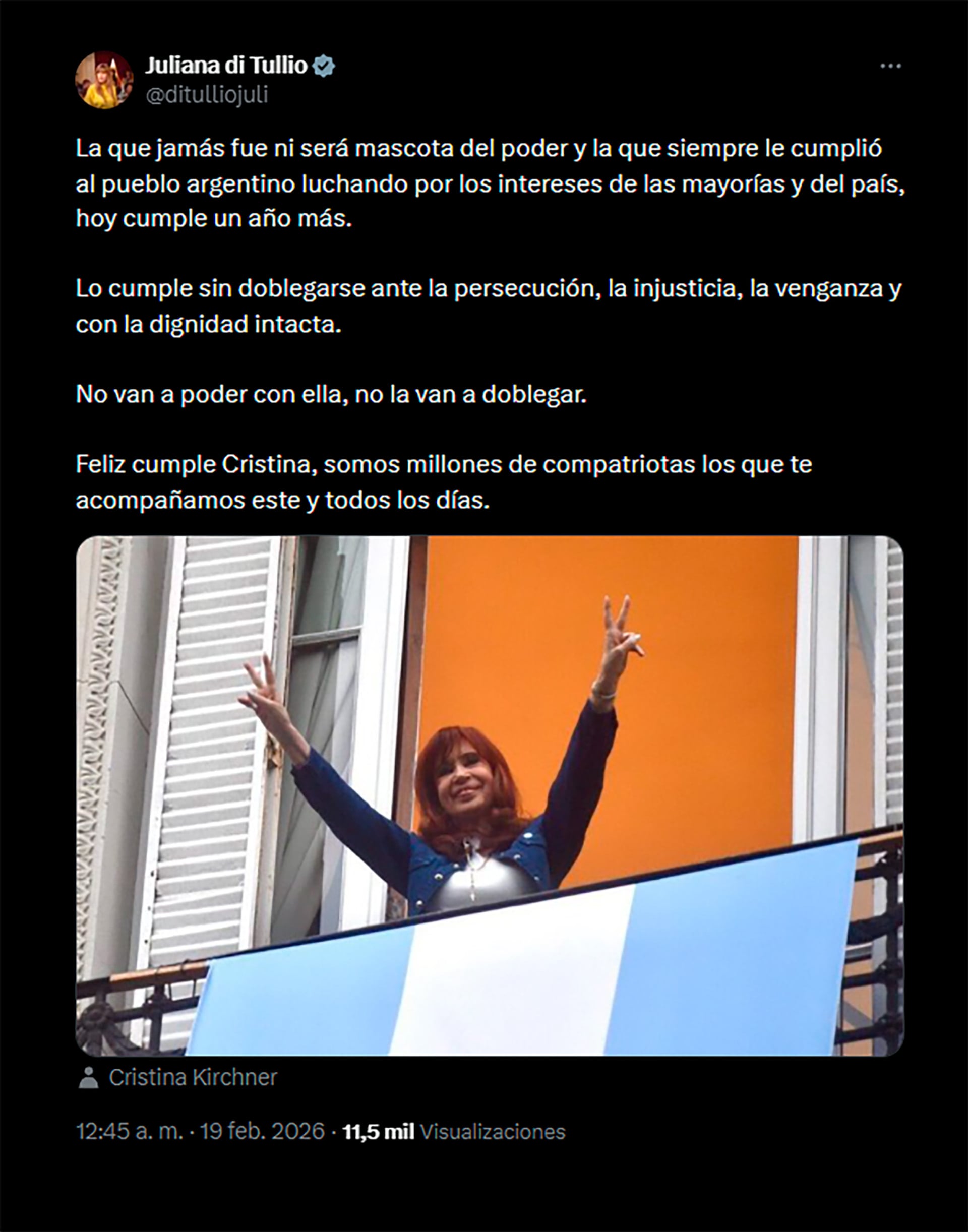 La senadora Juliana di Tullio también envió un mensaje de respaldo.