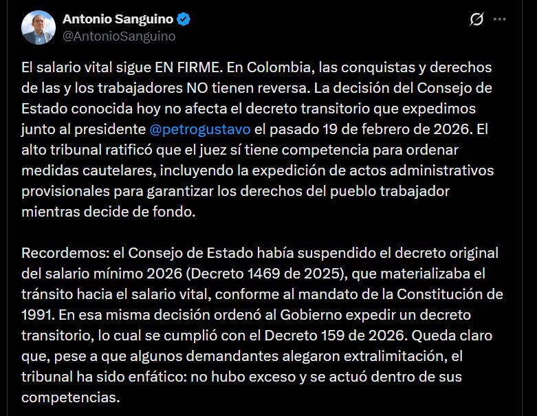 Antonio Sanguino recordó los antecedentes del caso al explicar que el Consejo de Estado suspendió el decreto original sobre el salario mínimo para 2026 (Decreto 1469 de 2025) - crédito @AntonioSanguino/X