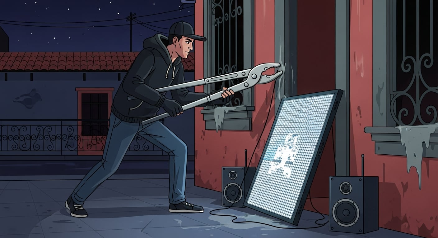 Un hombre utiliza grandes alicates para intentar forzar la entrada de un bar en México durante la noche, cerca de un panel LED y altavoces desmontados. (Imagen Ilustrativa Infobae)