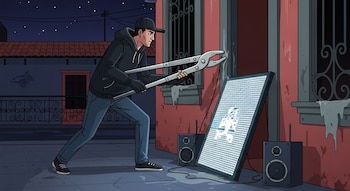 Hombre con gorra y sudadera negra usa alicates grandes sobre una pared roja, junto a una pantalla LED brillante y dos altavoces en una calle oscura.