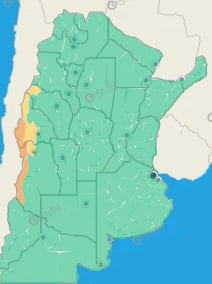 Un mapa de Argentina muestra zonas con alertas meteorológicas por viento en distintas provincias. (Servicio Meteorológico Nacional)