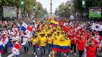 Multitud de aficionados con banderas de Colombia, Panamá y Corea del Sur desfilando. Banderas temáticas Copa Mundial FIFA 2026 en postes y pantallas muestran fútbol.