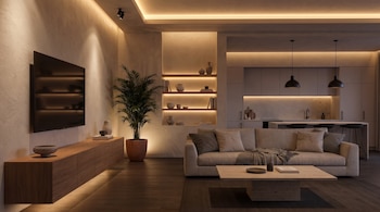 Una sala de estar con televisor, planta, sofá y mesa de centro. Al fondo, una cocina con gabinetes, barra y taburetes. Iluminación indirecta en techo y estantes.
