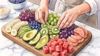 Ilustración en acuarela de dos manos que colocan rodajas de kiwi en una tabla con uvas, banana, palta, arándanos, sandía y cítricos.
