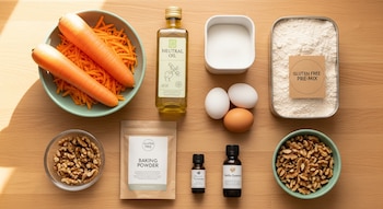 Dos zanahorias, bol de zanahorias ralladas, botella de aceite, recipiente con azúcar, tres huevos, recipiente con harina sin gluten, sobre de polvo de hornear, dos frascos pequeños de esencias, dos boles con nueces.