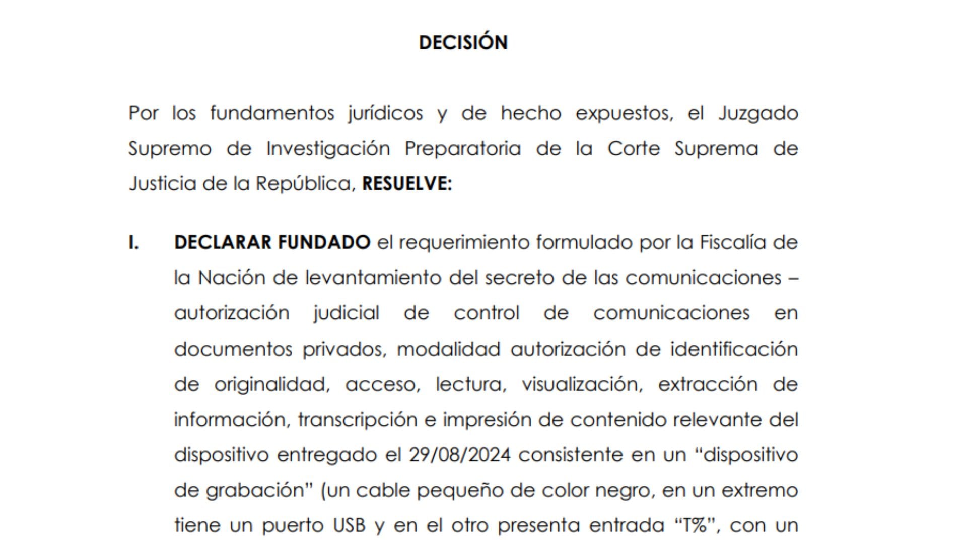 Resolución judicial que autoriza levantamiento de las comunicaciones. | PJ