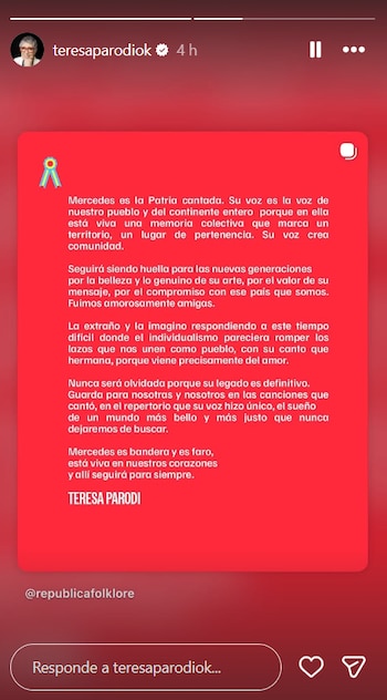 Teresa Parodi afirmó que Mercedes Sosa representa la voz del pueblo y una memoria colectiva del continente