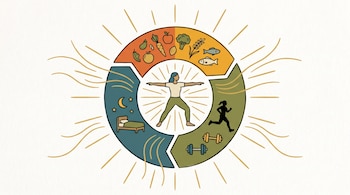 Ilustración de figura humana rodeada por un círculo dividido en tres: alimentos, cama y luna, persona corriendo y mancuernas. Rayos dorados.