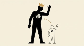 Ilustración: una figura negra gigante con corona y logo de OpenAI imita la pose de una figura pequeña de contorno blanco con logo de Anthropic. Flecha dorada de la pequeña a la grande.