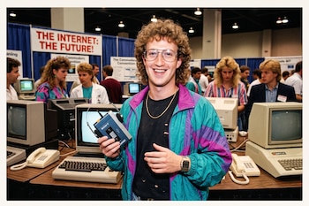 Un joven con gafas y chaqueta retro sostiene un reproductor de casetes junto a monitores, teclados y computadoras de escritorio antiguas