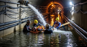 Varias personas con equipo de rescate y cascos amarillos, en un túnel inundado, trasladan a un trabajador en una camilla flotante mientras cae agua de una tubería.