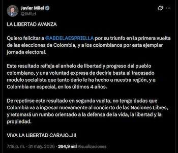 Javier Milei felicita a De la Espriella por su victoria y ve en el resultado un rechazo al modelo socialista vigente en Colombia - crédito @JMilei / X