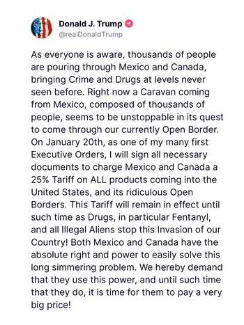 Trump advirtió imponer un arancel del 25% a México y Canadá (Foto: TruthSocial@realDonaldTrump)