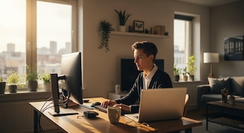 Persona de perfil trabajando en una computadora y teclado sobre un escritorio de madera. Un portátil y una taza están cerca, con una ventana y la ciudad al fondo.
