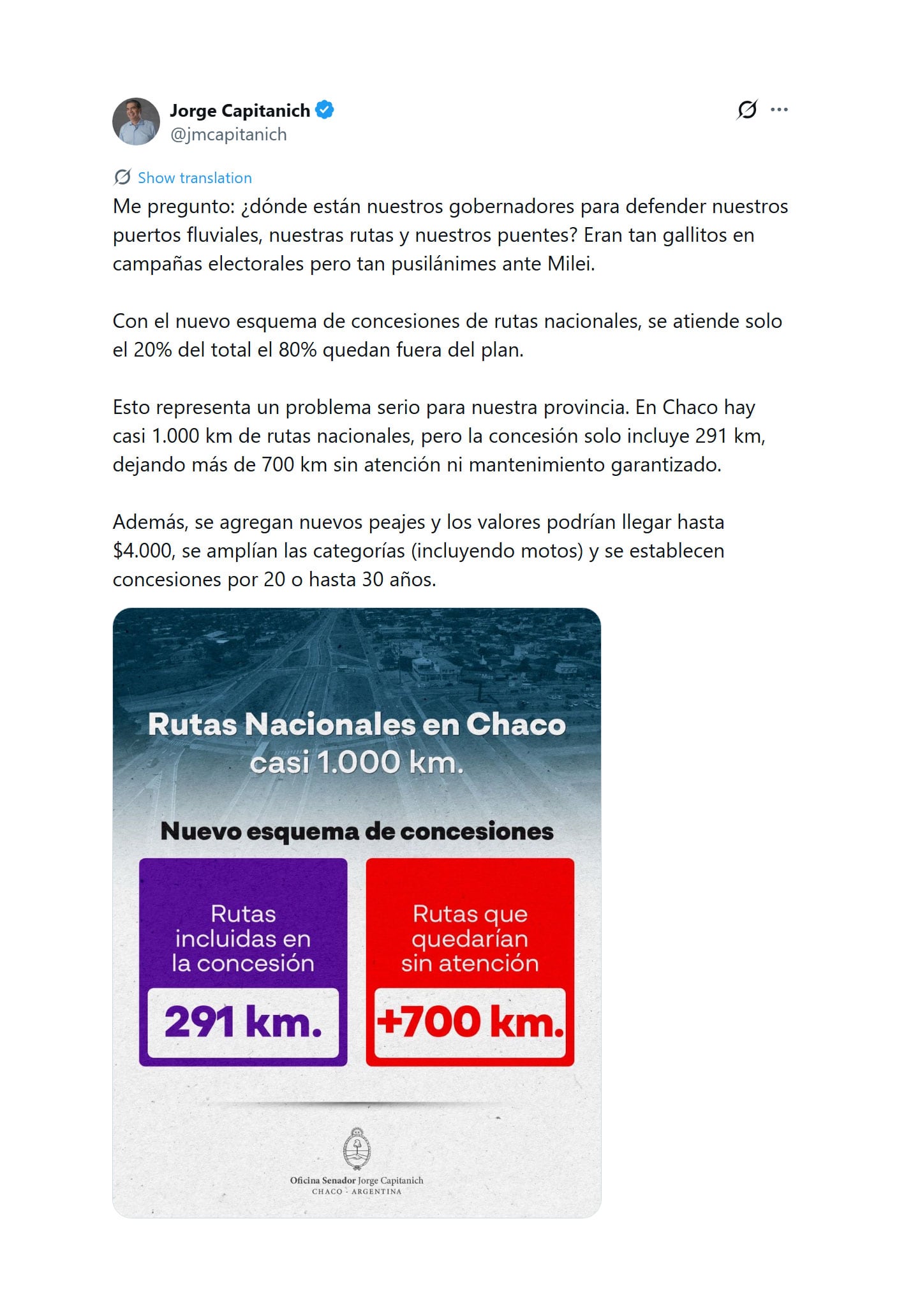 El tuit original de Jorge Capitanich