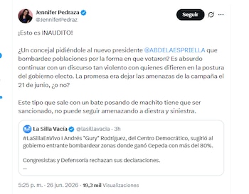 La senadora electa Jennifer Pedraza aseguró que Andrés "Gury" Rodríguez tiene que ser sancionado por sugerir que se debe bombardear ciertas zonas del país - crédito @JenniferPedraz/X