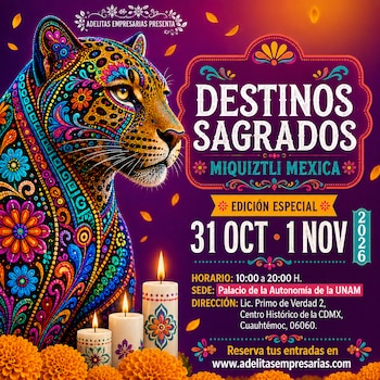 Cartel con la ilustración de un felino con motivos florales, tres velas encendidas, flores anaranjadas y textos informativos sobre un evento