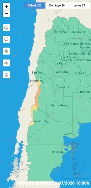 Alerta amarilla por nevadas en sectores cordilleranos de Mendoza y Neuquén, según el Servicio Meteorológico Nacional