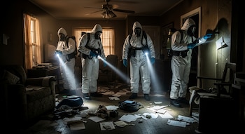 Cuatro individuos con trajes Hazmat blancos, máscaras de gas y guantes azules inspeccionan una habitación oscura con linternas, el suelo está cubierto de papeles desordenados.