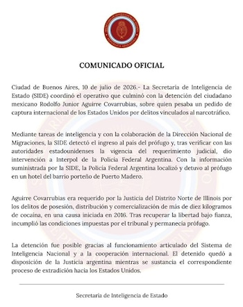 El comunicado de la SIDE que confirmó la captura del prófugo de la justicia estadounidense