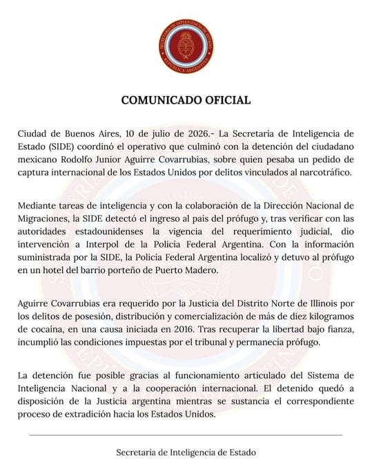 El comunicado de la SIDE que confirmó la captura del prófugo de la justicia estadounidense