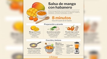 Infografía con textos e ilustraciones de mangos, chiles habaneros, cebolleta, ajo, una sartén, una olla al fuego y una licuadora.