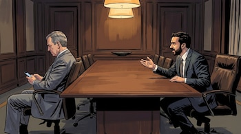 Ilustración de dos hombres en una sala de reuniones. Uno mira su teléfono mientras el otro habla con la mano extendida frente a una mesa de madera oscura.