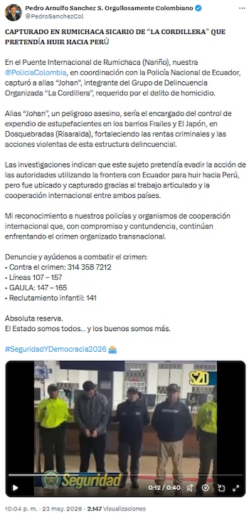 Cayó encargado de expendio de drogas y violencia en Dosquebradas - crédito @PedroSanchezCol/X