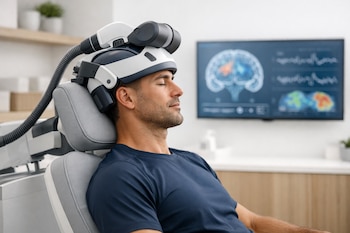 Hombre con ojos cerrados recibe terapia TMS con un moderno casco en una silla ergonómica. Una pantalla con gráficos cerebrales se ve en el fondo desenfocado de una clínica luminosa.