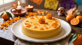 Gelatina amarilla en plato blanco decorada con flores de cempasúchil, sobre mesa con mandarinas, velas y papel picado.