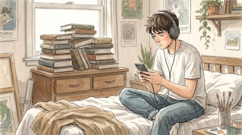 Ilustración de un joven con pelo castaño, camiseta blanca y jeans sentado en una cama, usando un teléfono con auriculares; detrás hay una pila de libros y una ventana.