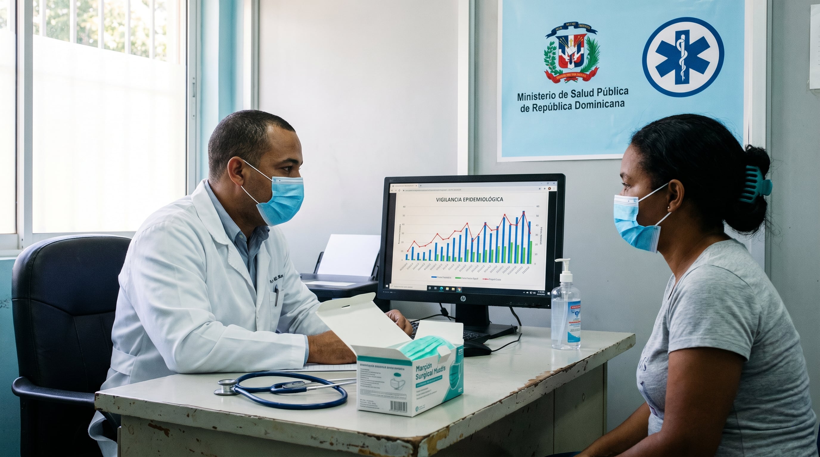 Un médico y una paciente con mascarillas quirúrgicas durante una consulta en una clínica pública de República Dominicana, mientras el doctor revisa datos de vigilancia epidemiológica en una computadora. (Imagen Ilustrativa Infobae)