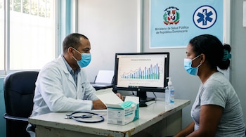 Médico y paciente con mascarillas en consulta pública. El médico mira gráficos de vigilancia epidemiológica en pantalla. Estetoscopio y logo del Ministerio de Salud Pública.