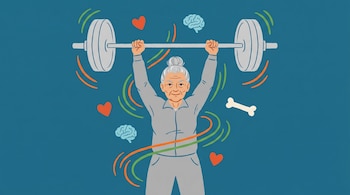 Ilustración: persona mayor atlética levanta pesa olímpica. Fondo azul petróleo con líneas de movimiento. Íconos de corazón, cerebro y hueso flotan alrededor.
