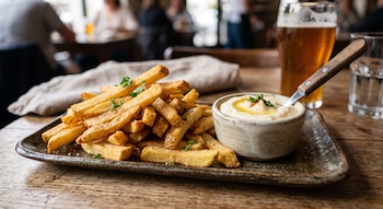 Plato con patatas fritas, perejil y sal. Cuenco con salsa blanca, aceite, pimentón y cuchara. Vaso de cerveza. Vaso de agua. Mesa de madera. Personas desenfocadas