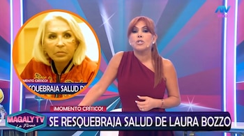 Magaly Medina en un set de televisión junto a un recuadro circular con el rostro de Laura Bozzo y un cintillo informativo en la parte inferior.