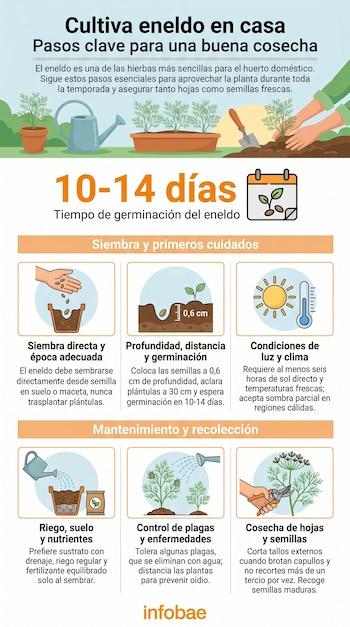 Infografía que muestra el proceso de cultivo de eneldo: siembra en maceta, profundidad de semilla, riego con regadera, planta con plagas y recolección con tijeras.
