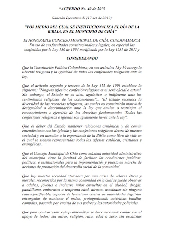 Mediante el Acuerdo 040 de 2013, el municipio de Chía institucionalizó el 30 de septiembre como el “Día de la Biblia” - crédito Providencia Tribunal Administrativo de Cundinamarca