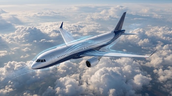 Avión comercial blanco y azul sobre un manto de nubes con líneas digitales luminosas a lo largo de su fuselaje y sus alas.