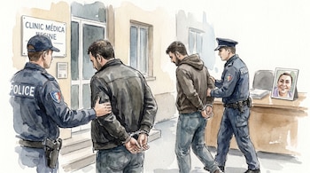 Ilustración acuarela de dos hombres esposados siendo escoltados por policías frente a una clínica médica. Una foto de Yulixa Toloza se ve en un escritorio.