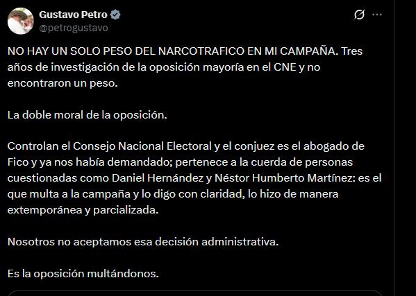 Petro sostuvo que no acepta la decisión del CNE, que considera una medida impulsada por los detractores de su administración - crédito @petrogustavo/X