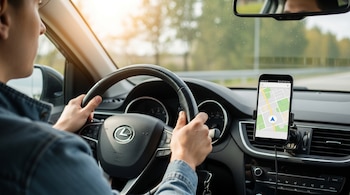 Manos sobre el volante de un vehículo y un teléfono celular en un soporte que exhibe una aplicación de mapa en la pantalla.
