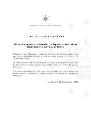 La Cancillería salvadoreña transmitió condolencias a los familiares de las víctimas y deseó la recuperación de quienes resultaron lesionados, en un comunicado emitido en San Salvador el 28 de octubre.