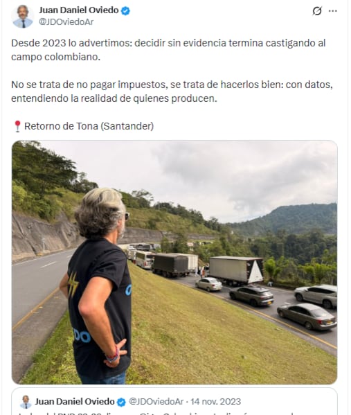 La fórmula vicepresidencial de Paloma Valencia aseguró que el impuesto, en algunos casos, incrementó su valor en el 2.500.000% - crédito @JDOviedoAr/X