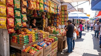 Puesto de mercado al aire libre en México con muchas bolsas de frituras y botanas de colores. Una mujer sonríe detrás del mostrador y un cliente selecciona.