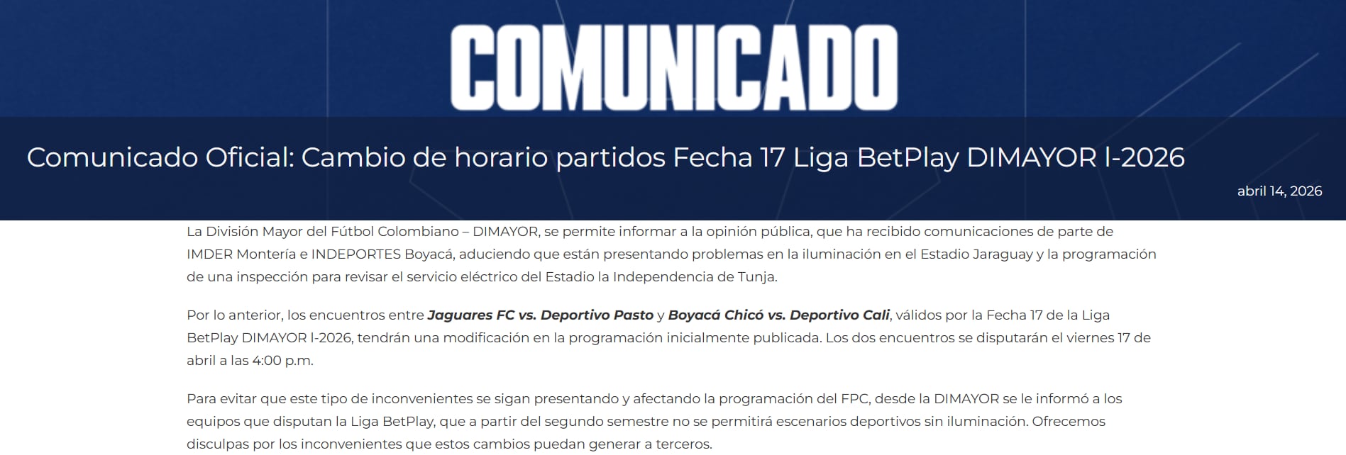 Los equipos de la Liga BetPlay deberán jugar en estadios con iluminación para partidos nocturnos - crédito Dimayor