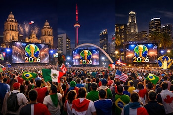 Multitudes de aficionados celebran de noche en plazas de Ciudad de México, Toronto y Los Ángeles, frente a pantallas con el logo del Mundial 2026 y fuegos artificiales.