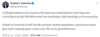 Daniel Briceño sostuvo que la Registraduría ratificó la validez de los resultados y rechazó acusaciones de Gustavo Petro - crédito @Danielbricen/X